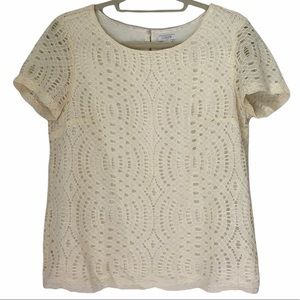 J.Crew Mesh Blouse - Womens Size 6 Ivory Short Sleeve Lined Cutout Circular Top